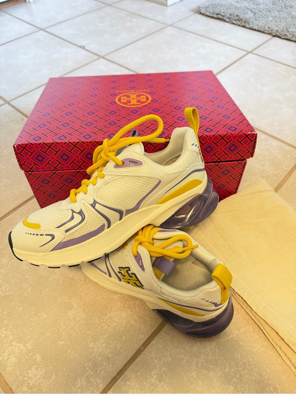 Tory Burch White, Yellow & Lavender Mesh Runner Sneakers